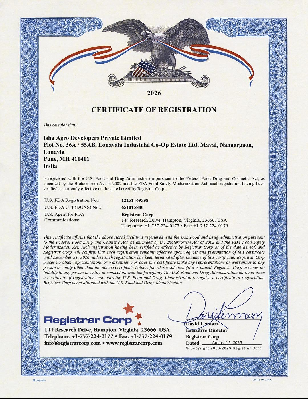 US FDA Registration issued by U.S. Food and Drug Administration